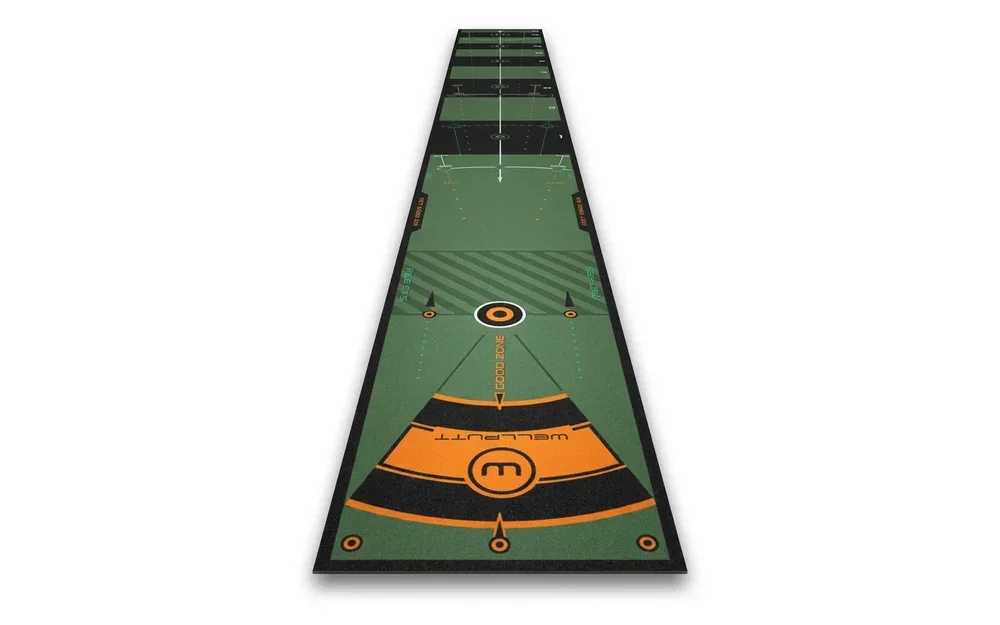 A Wellputt putting mat viewed end-on, showing its printed target zones and alignment gates